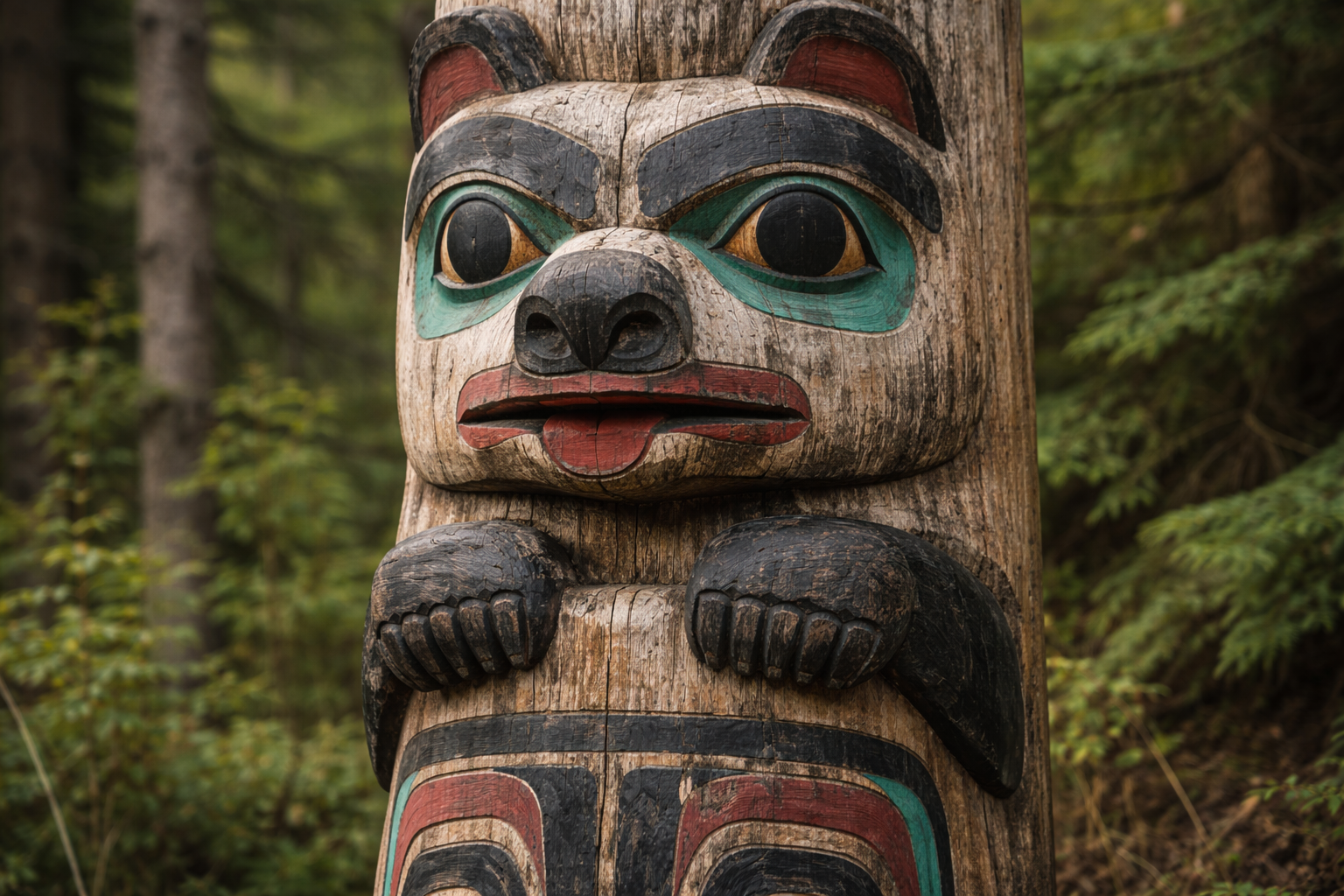 A realistic, wide-angle photograph of a traditional wooden totem pole featuring a detailed bear carving, situated in a natural forest setting.