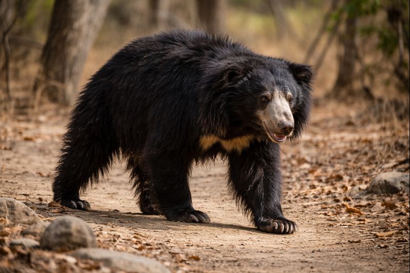 A Sloth Bear (Melursus ursinus) with its distinctive long, shaggy black fur and pale muzzle walking through a dry deciduous forest, showcasing its unique evolutionary path in South Asia.