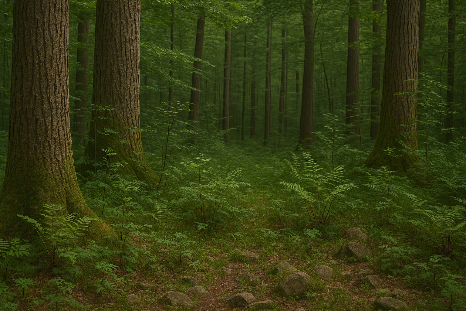 A dense, verdant temperate forest floor with moss-covered ancient trees and ferns, representing the undisturbed primary habitat and evolutionary cradle of bear species.