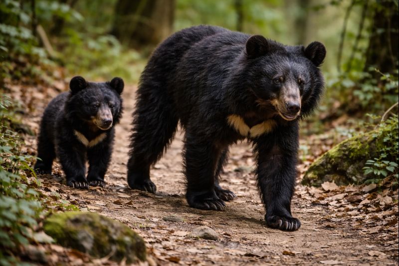 An Asiatic Black Bear sow with her cub walking through a leaf-littered forest path, both displaying the characteristic white V-shaped chest marks.