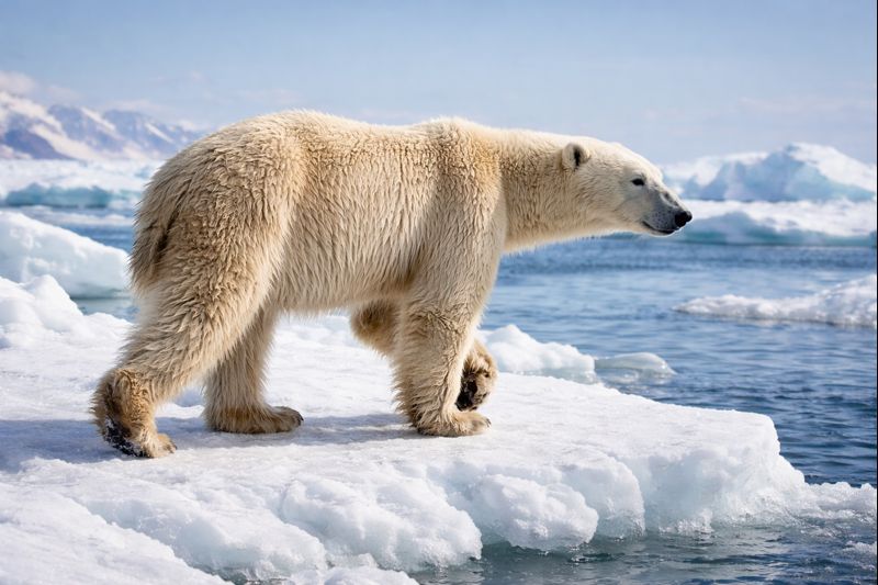 A powerful Polar Bear (Ursus maritimus) walking across a vast ice floe against a backdrop of arctic waters, illustrating its specialized aquatic and cold-weather adaptations.