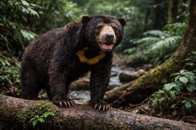 A Sun Bear (Helarctos malayanus) standing on a fallen log in a lush tropical rainforest, clearly showing its distinctive orange chest patch and long claws for climbing.