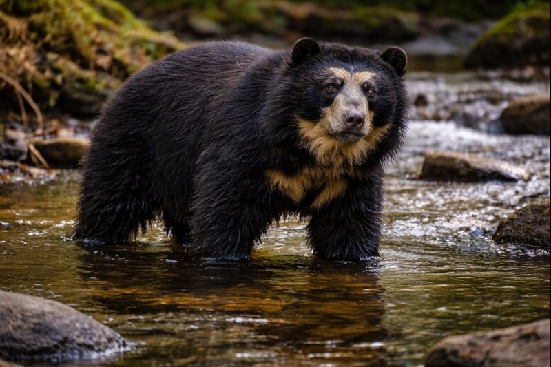 A Spectacled Bear (Tremarctos ornatus) standing in a shallow river, displaying its unique facial markings and shaggy fur, representing the only ursid species native to South America.