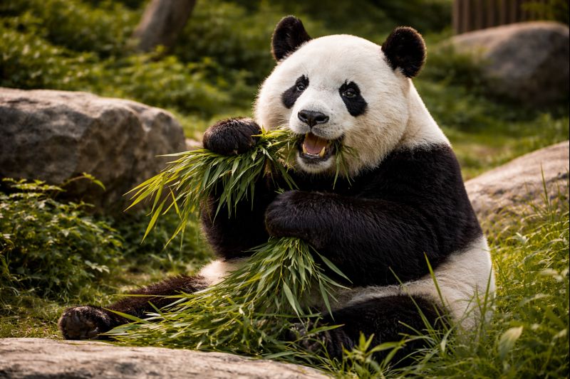 A Giant Panda (Ailuropoda melanoleuca) sitting and eating a bundle of bamboo, showcasing its specialized paws and dentition adapted for a herbivorous diet within the Ursidae family.