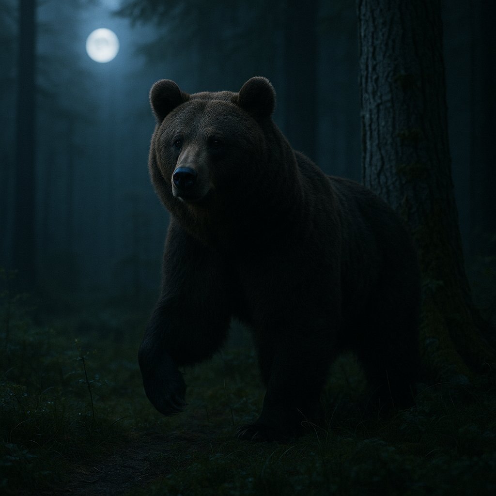 A silhouette of a brown bear walking through a dark, mist-shrouded forest under the light of a full moon, evoking the mystical and mythological roles bears have held in various cultures.
