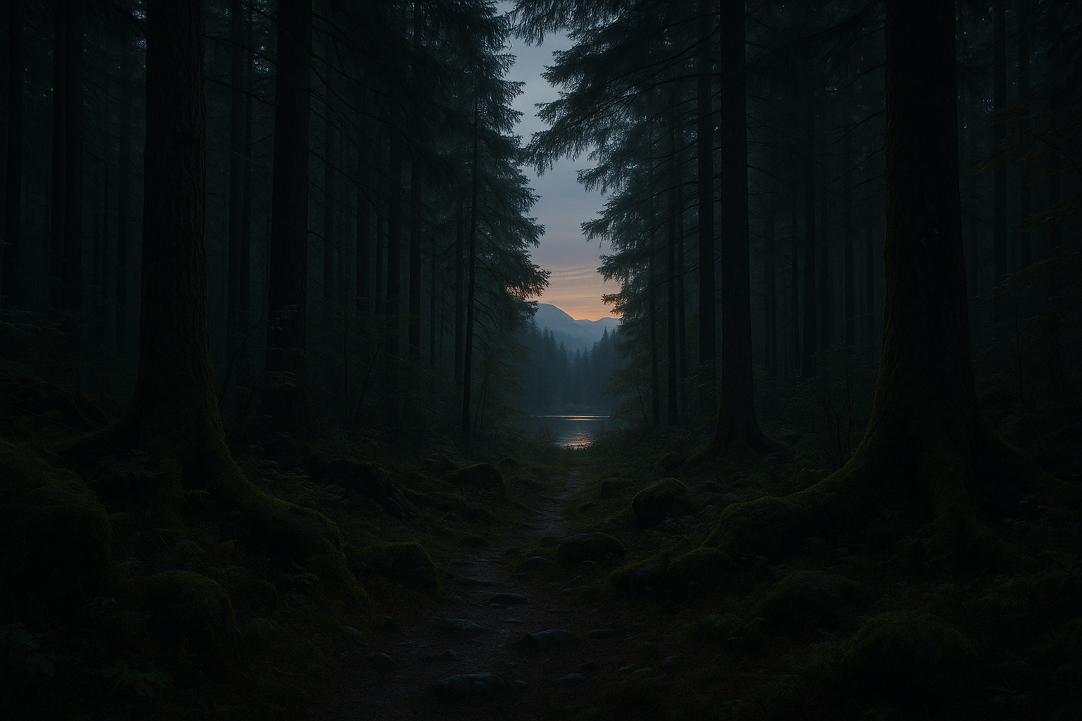 A deep, dark coniferous forest opening up to a distant twilight lake, representing the ancient habitats of extinct bear species and the quiet resilience of the wilderness.