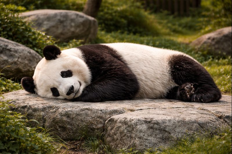 A Giant Panda resting in a managed habitat, representing the global efforts in captive breeding and the complex balance of wildlife conservation.