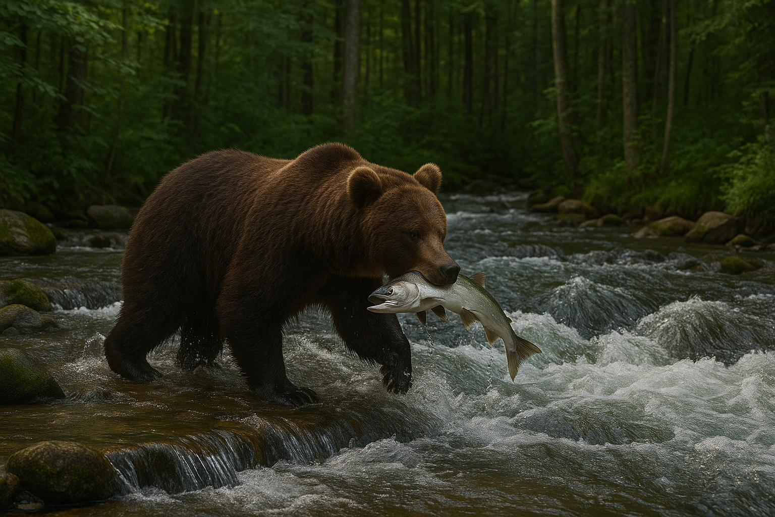 A large brown bear (Ursus arctos) successfully catching a fresh salmon in a fast-flowing river, illustrating the critical role of bears in transporting marine-derived nutrients to terrestrial ecosystems.