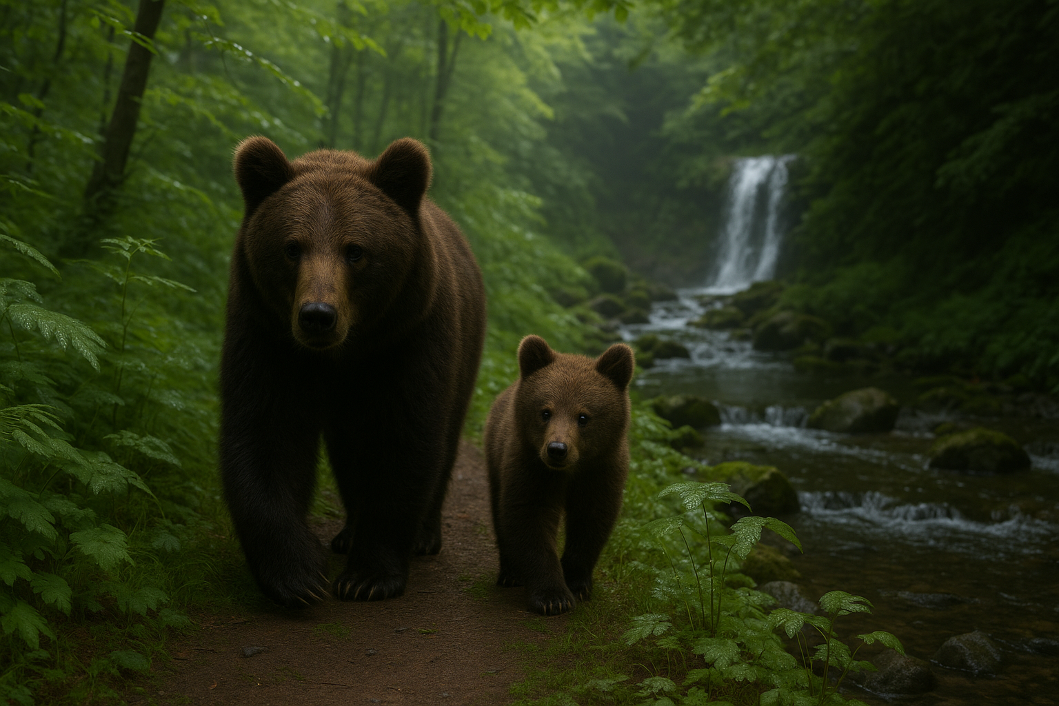 A protective brown bear (Ursus arctos) sow walking alongside her young cub through a lush, misty forest near a waterfall, illustrating the intense maternal investment and cultural learning of bear species.