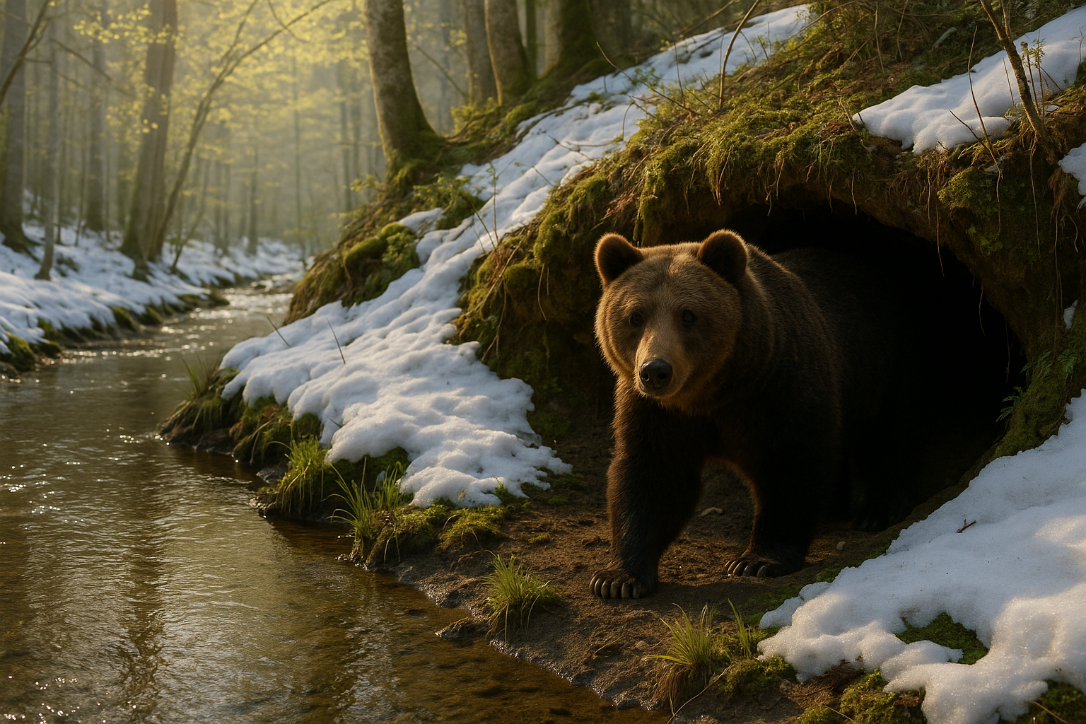 A brown bear emerging from a dark earthen den into a sunlit, snowy forest landscape, illustrating the physiological transition from hibernation to active spring life.