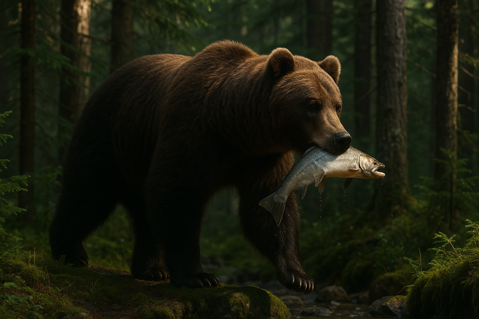 A powerful Brown Bear carrying a large fish through a dark, dense forest, illustrating its role as a nutrient transporter from aquatic to terrestrial ecosystems.