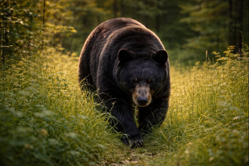 A sturdy American Black Bear (Ursus americanus) walking through a sun-drenched meadow, highlighting its smooth dark fur and adaptable physical features.