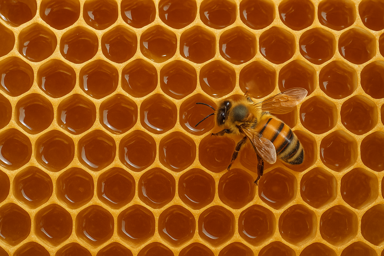 Worker honey bee standing on honey-filled hexagonal honeycomb cells