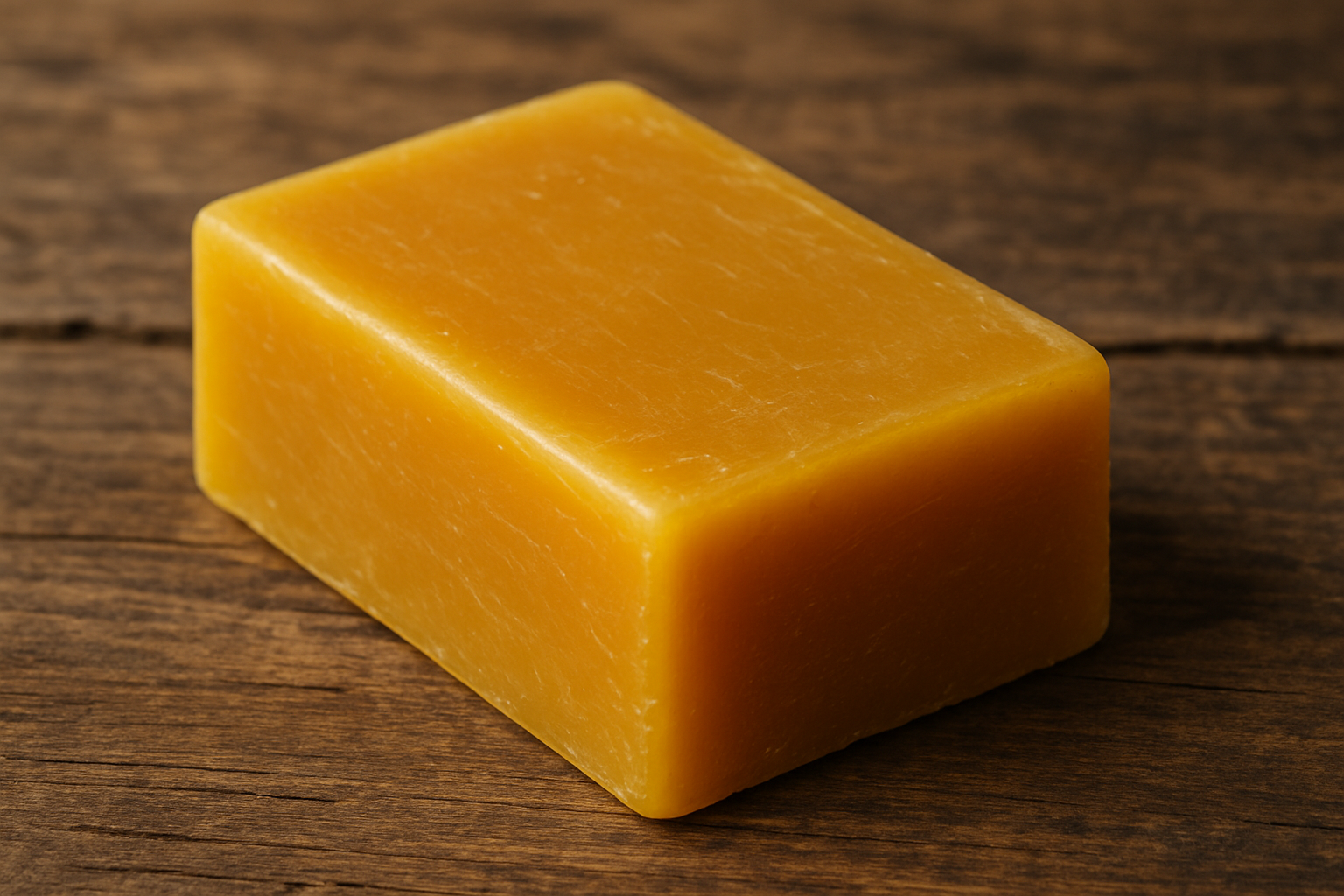 Block of natural beeswax placed on a rustic wooden surface