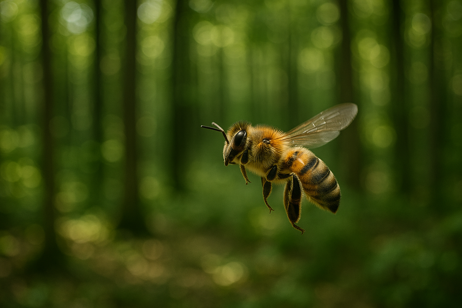 Honey bee flying through a green forest landscape