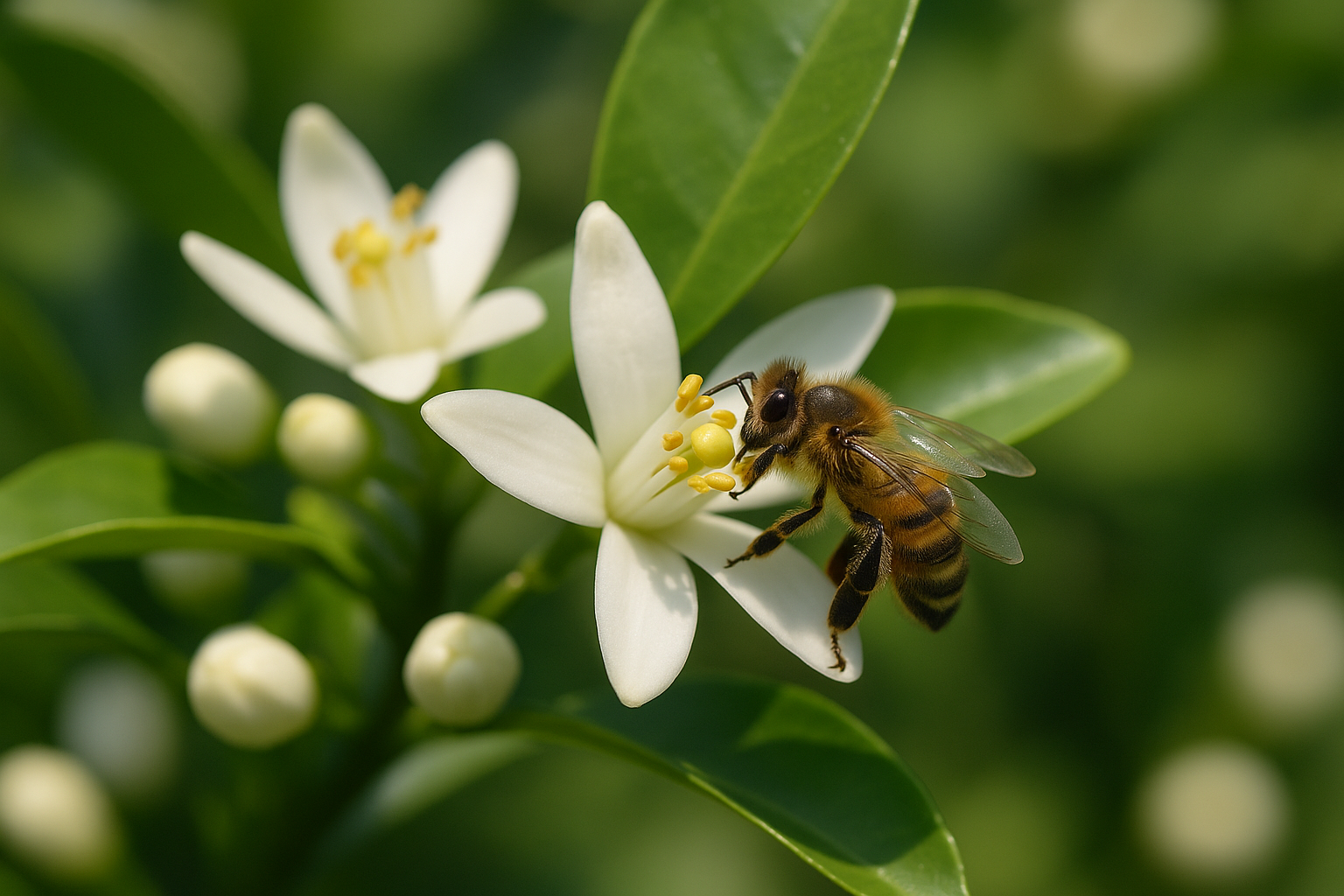 Honey bee collecting pollen from a white flower during pollination