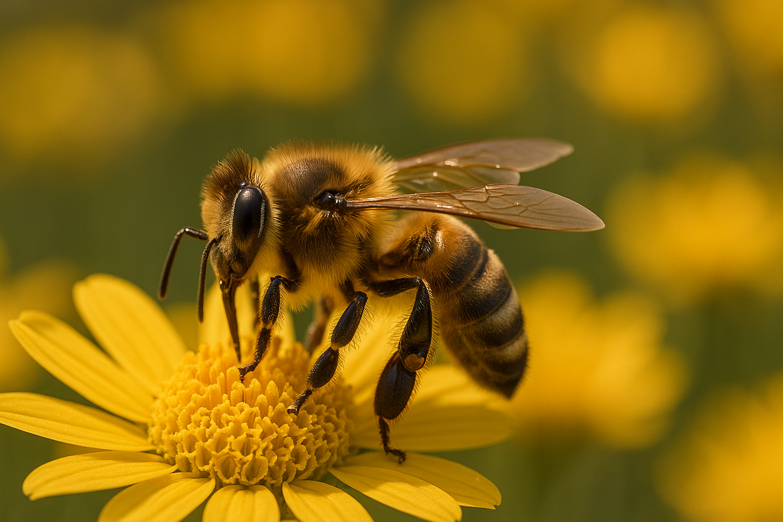 A detailed close-up of a honey bee (Apis mellifera) covered in golden pollen, perched on a vibrant yellow flower with a soft-focus floral background.
