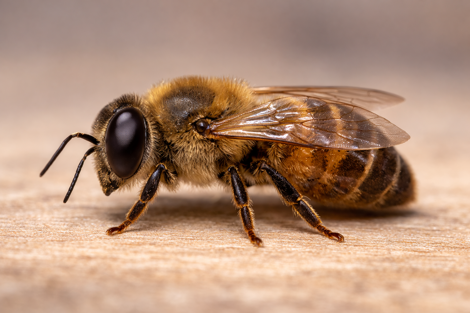 Drone honey bee close-up showing large compound eyes and thick abdomen