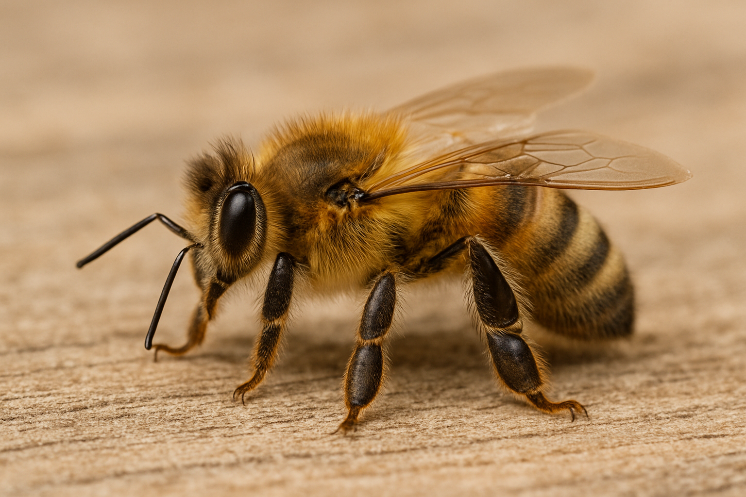 A sharp macro profile of a honey bee (Apis mellifera) resting on a textured wooden surface. The image highlights the fine golden hairs of the thorax, the intricate veination of the wings, and the extended antennae against a warm, blurred background.