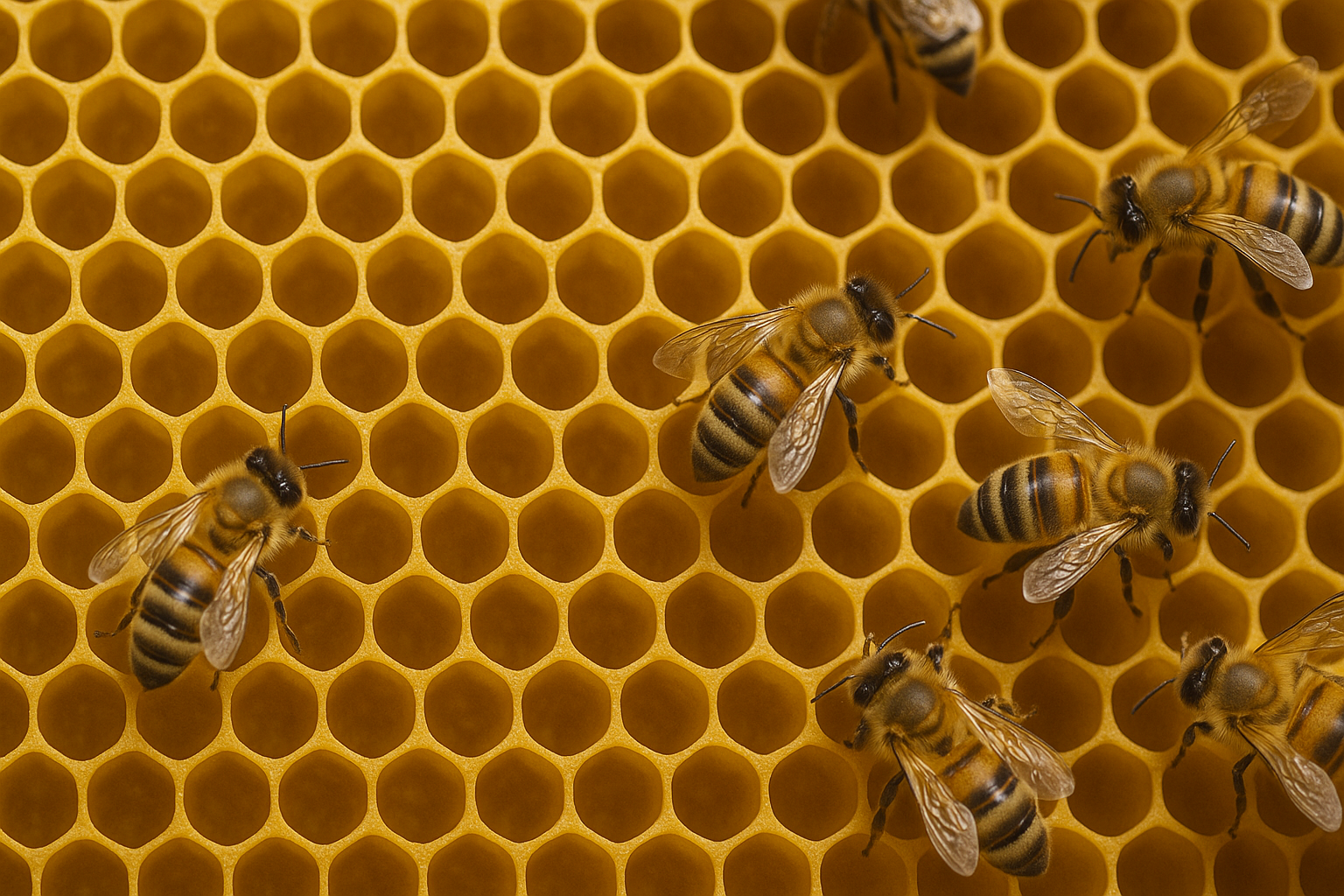 Alt Text: Top-down view of several honey bees tending to a perfect geometric honeycomb, highlighting the golden wax cells and the cooperative nature of the hive.