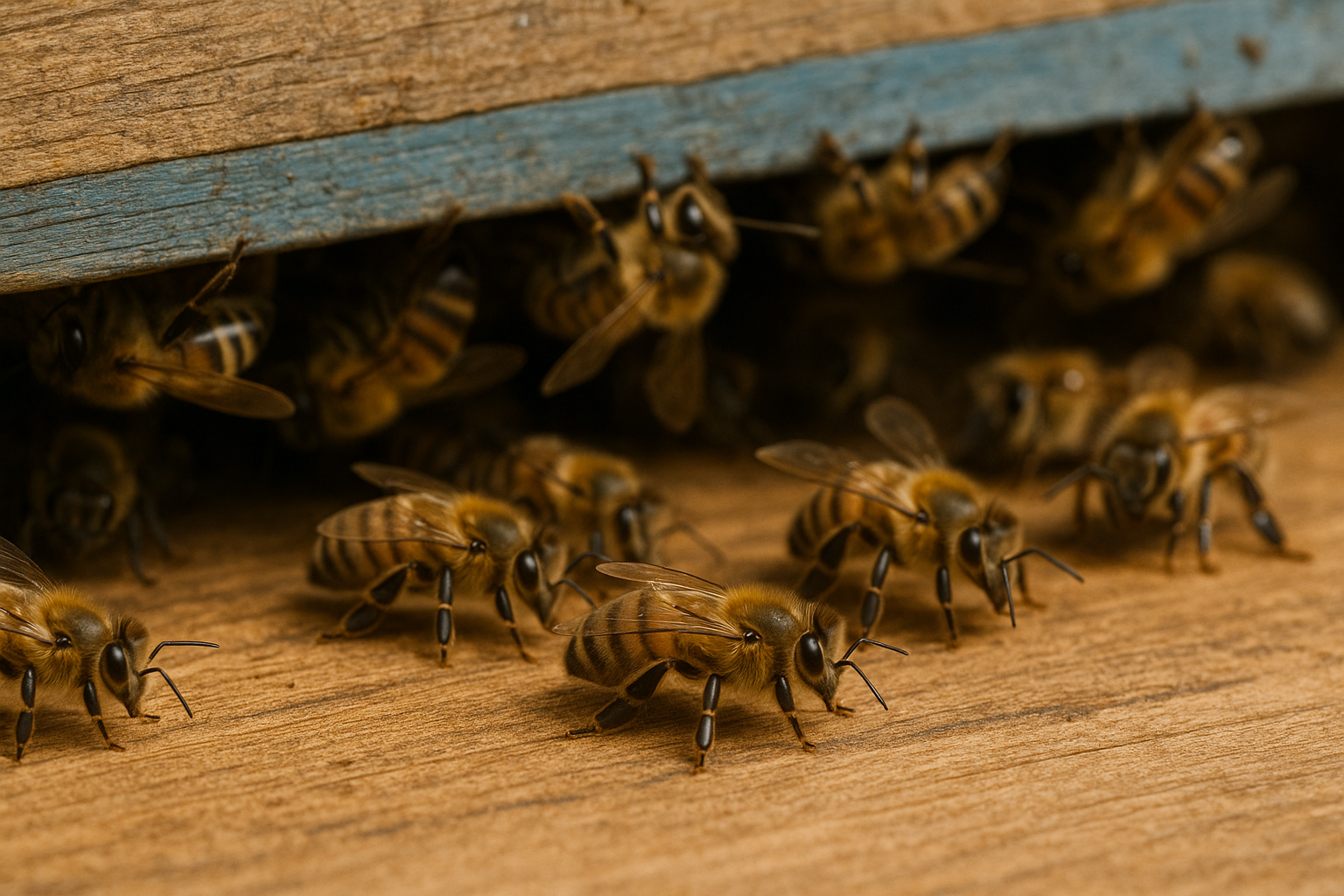 A crowded scene at the entrance of a beehive, where dozens of honey bees are gathered. Some are fanning their wings for ventilation, while others guard the narrow opening, creating a sense of dynamic social activity.