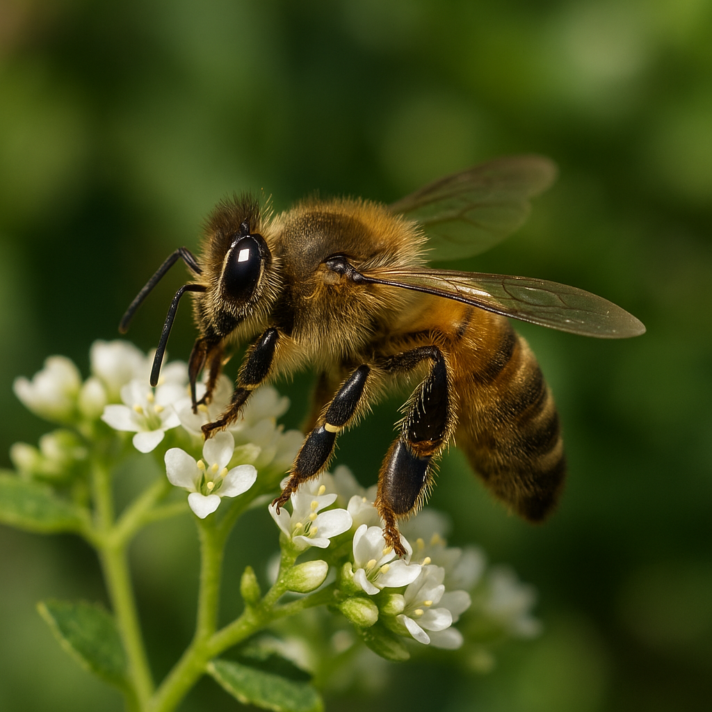 Honey bee collecting nectar from small white wildflowers