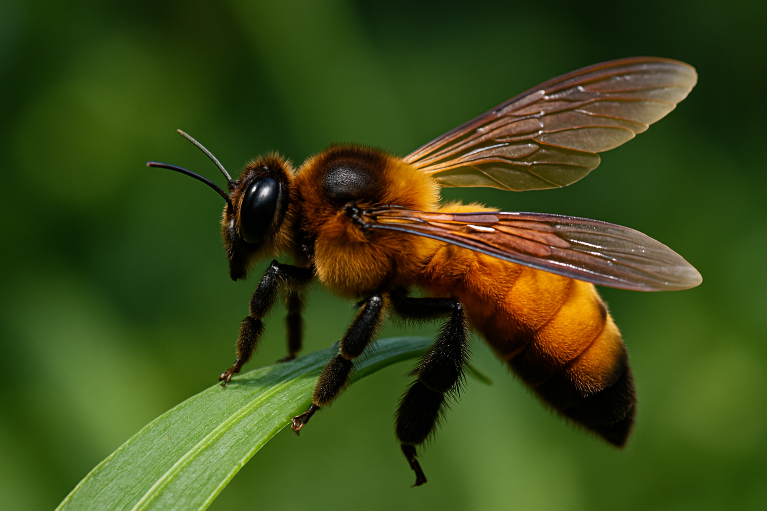 Giant honey bee resting on a green leaf showing detailed body structure