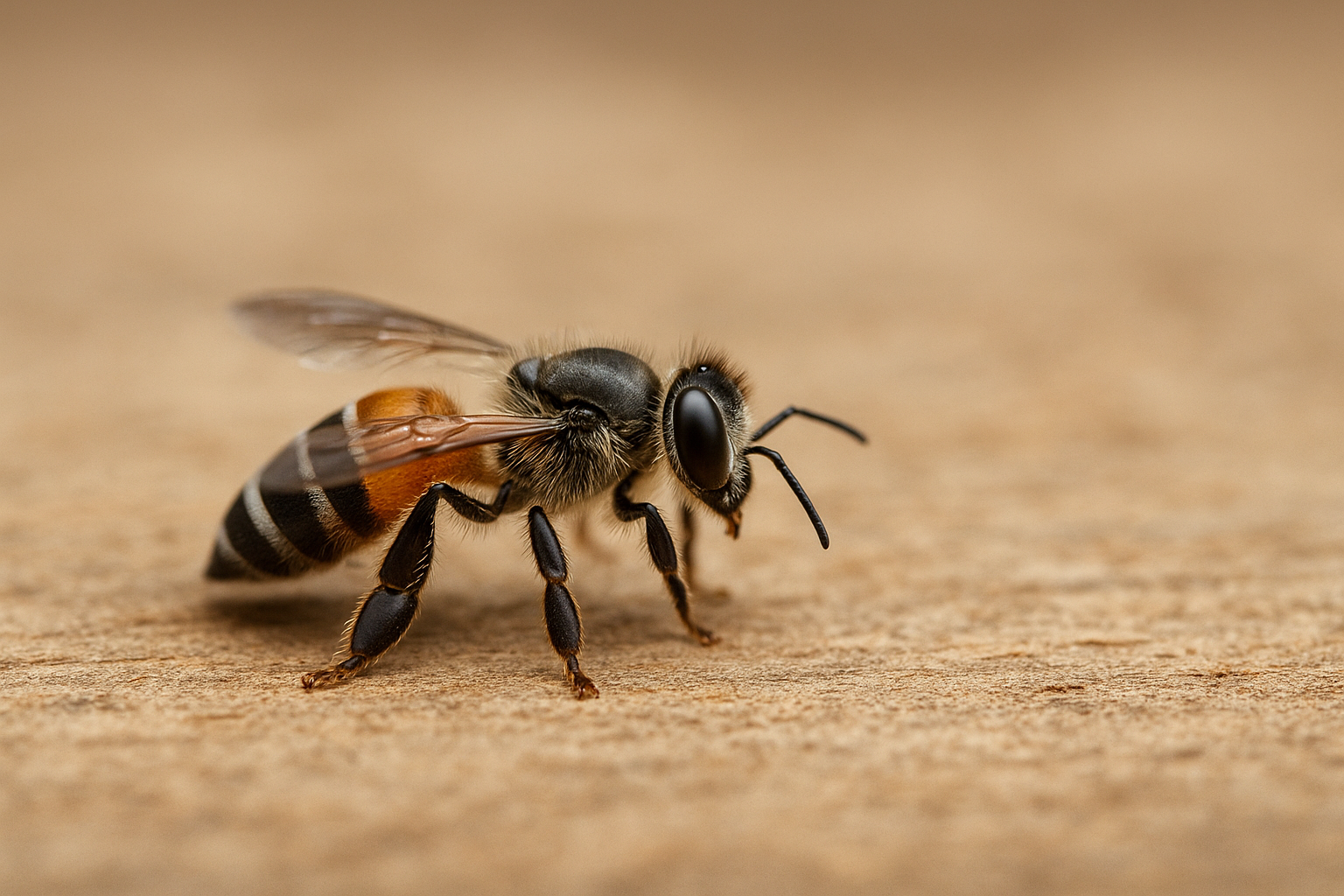 Small dwarf honey bee standing on a wooden surface showing its slender body
