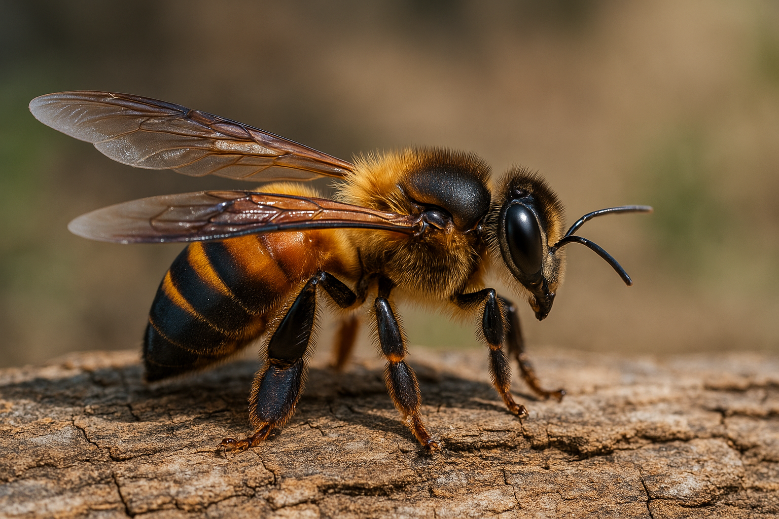 Himalayan giant honey bee perched on tree bark showing its large body and wings