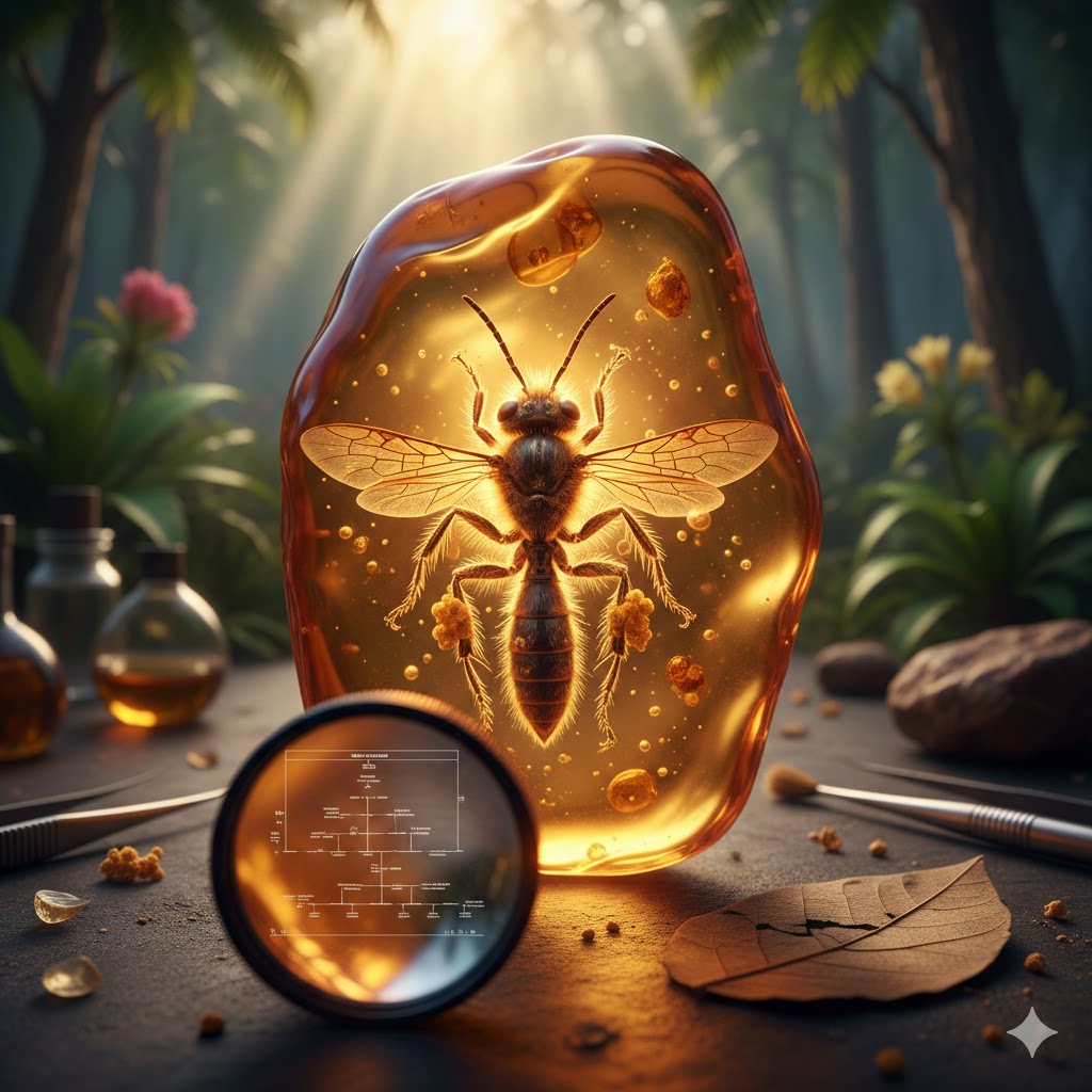 A prehistoric bee ancestor, Melittosphex burmensis, preserved in golden Cretaceous amber, showcasing transitional features between wasps and bees with visible plumose hairs and primitive wing venation.